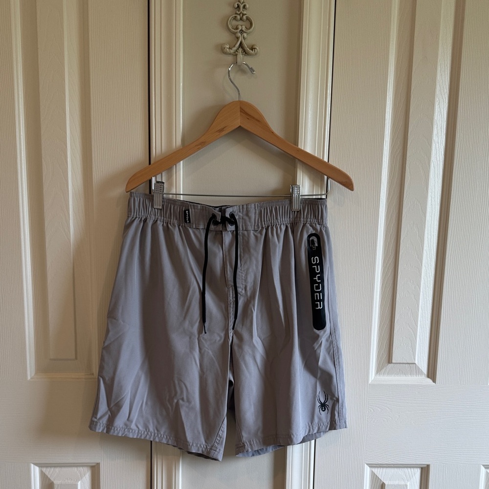 Spyder Gray Athletic Swim Shorts with Black Drawstring Mens